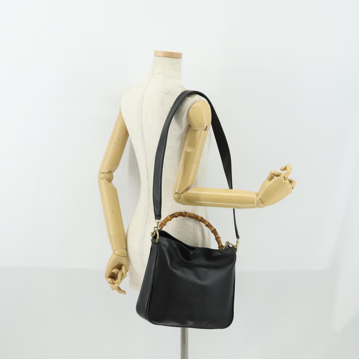 GUCCI Bamboo Hand Bag Leather 2way Black Gold 001 2123 1638 Auth 160499
