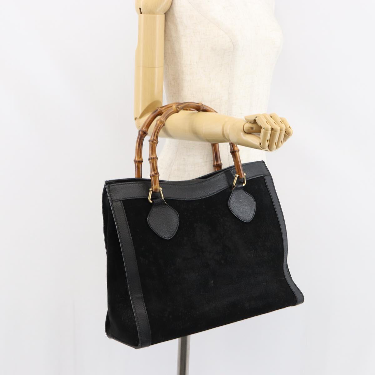 GUCCI Bamboo Hand Bag Suede Leather Black Gold 002 1186 0260 Auth 160503