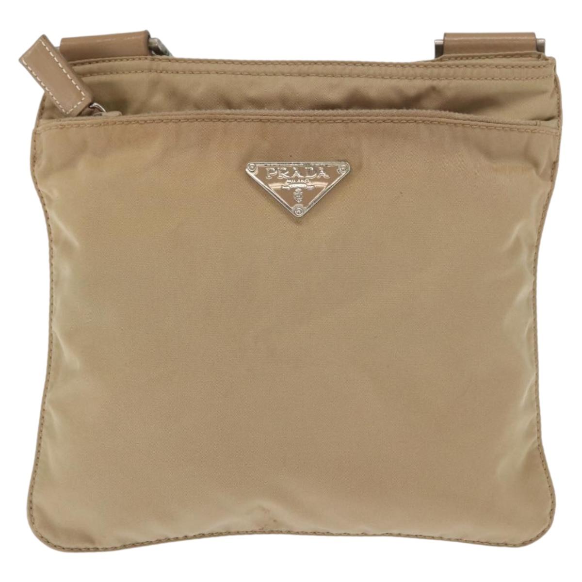 PRADA Shoulder Bag Nylon Beige Silver Auth 160510