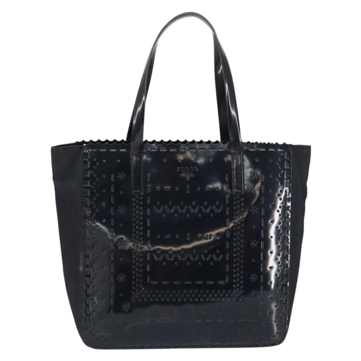 PRADA Hand Bag Enamel Black Silver Auth 160525