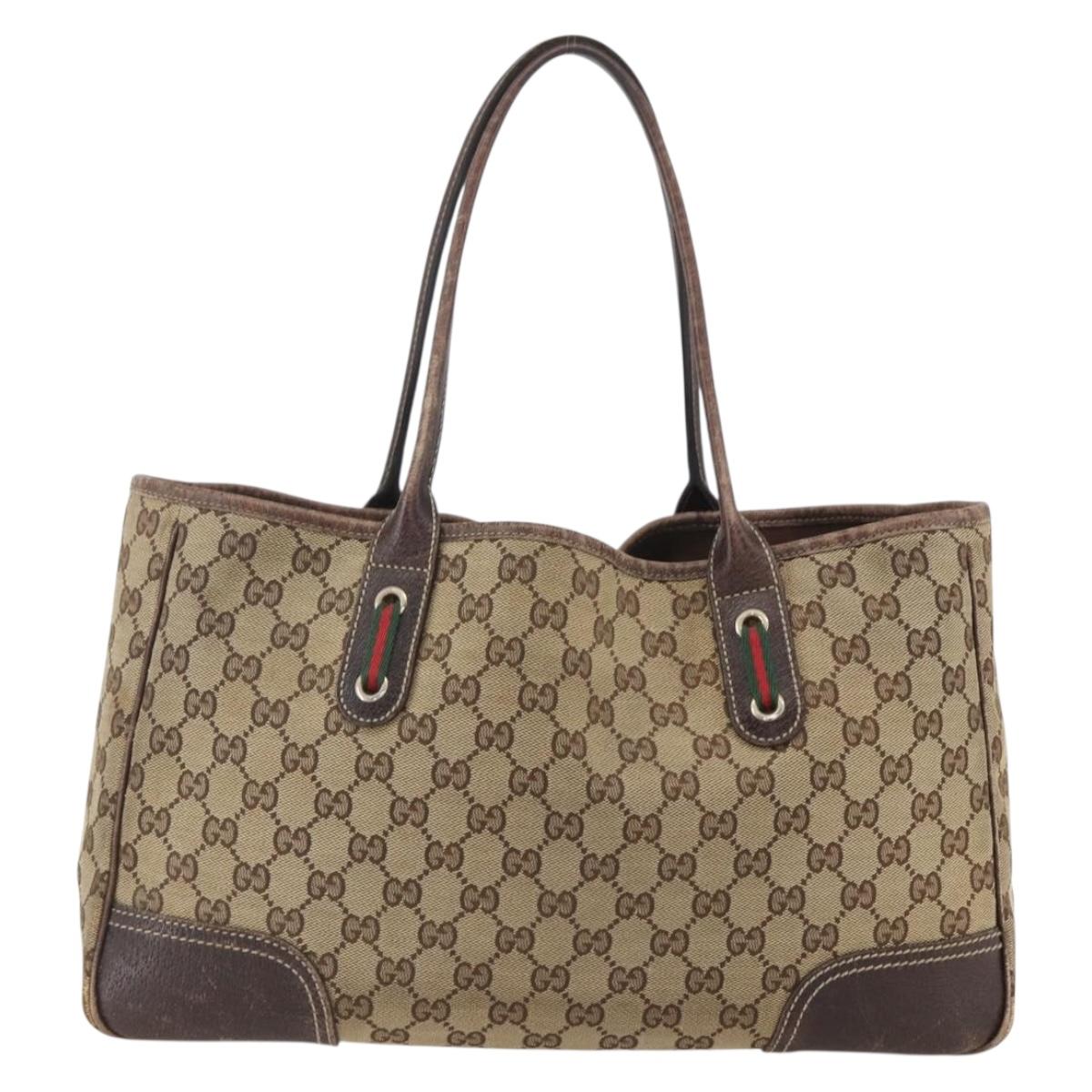 GUCCI GG Canvas Web Sherry Line Tote Bag Beige Red 163805 Auth 160574