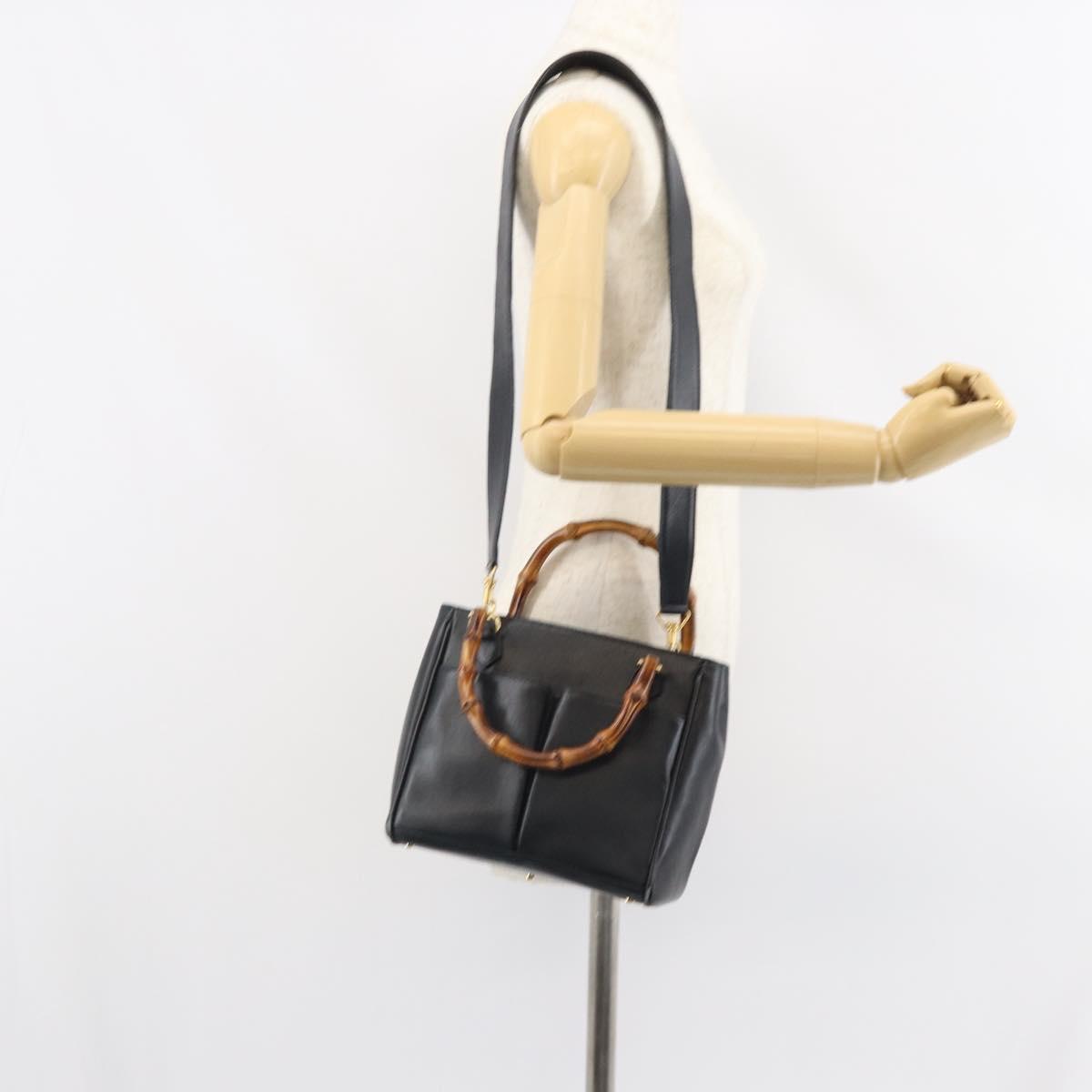 GUCCI Bamboo Hand Bag Leather 2way Black Gold 000 2122 0316 Auth 160580