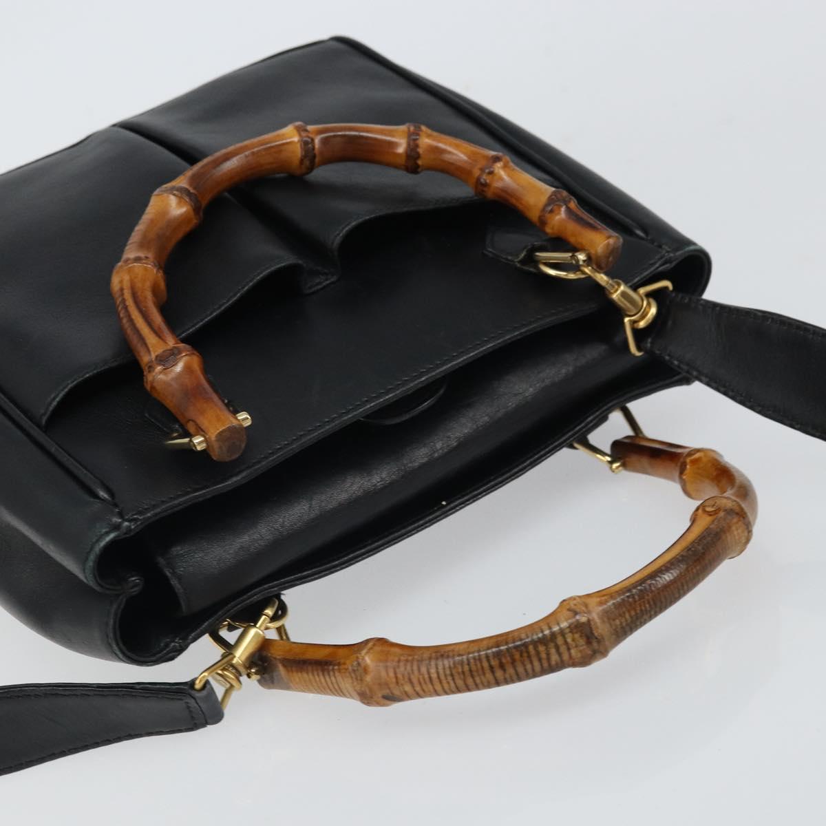 GUCCI Bamboo Hand Bag Leather 2way Black Gold 000 2122 0316 Auth 160580