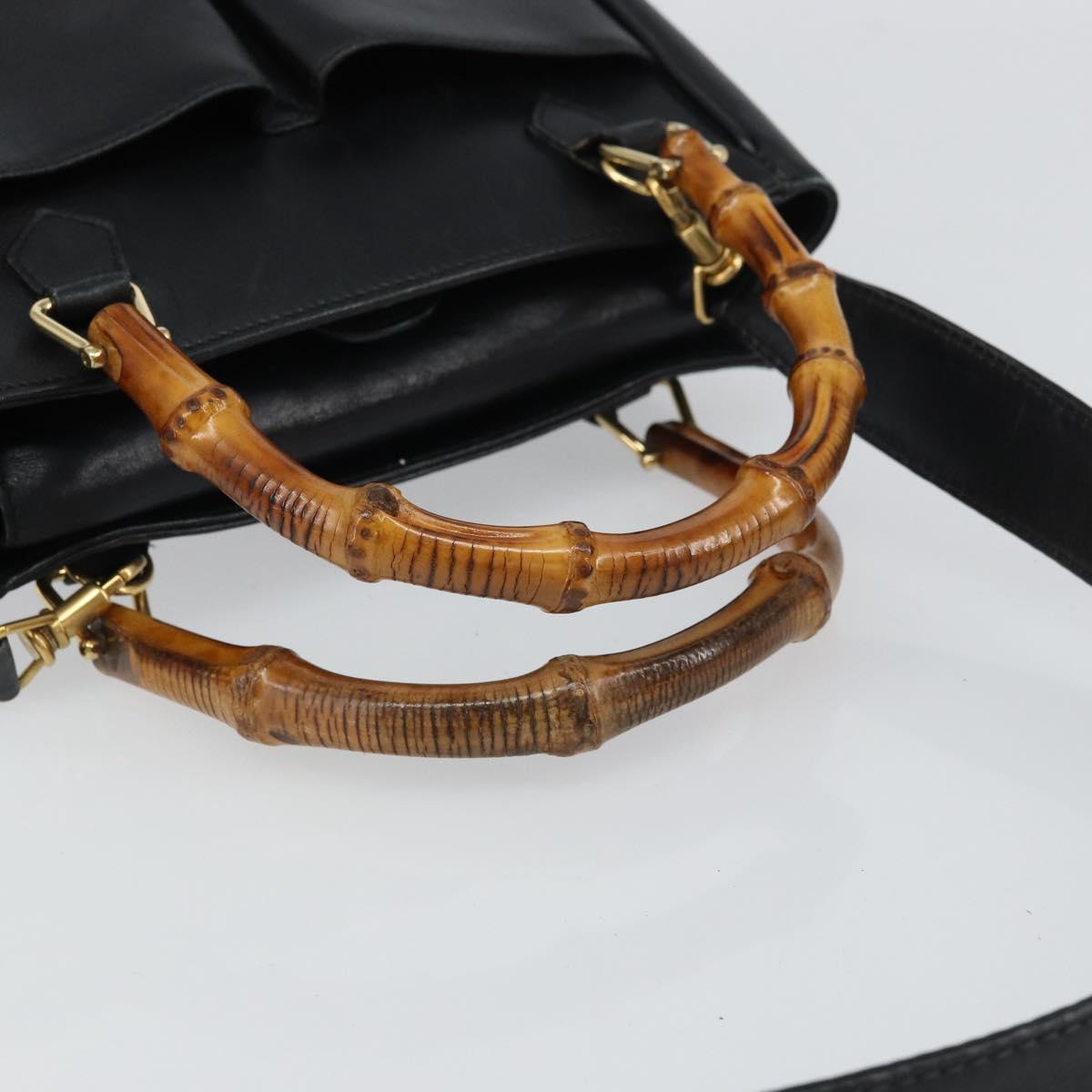 GUCCI Bamboo Hand Bag Leather 2way Black Gold 000 2122 0316 Auth 160580