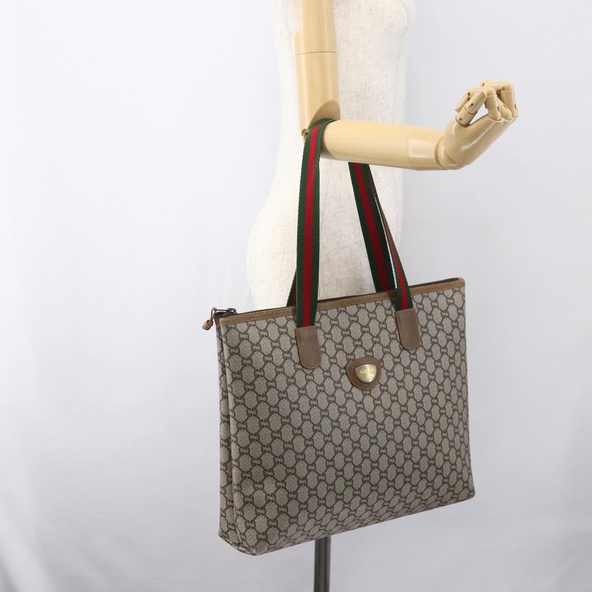 GUCCI GG Plus Supreme Web Sherry Line Tote Bag PVC Beige Gold Auth 160582