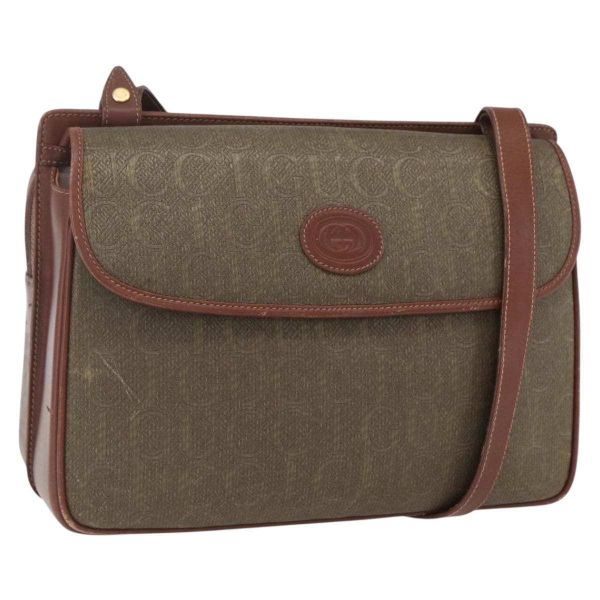 GUCCI Shoulder Bag Leather Canvas Brown Gold Auth 160596
