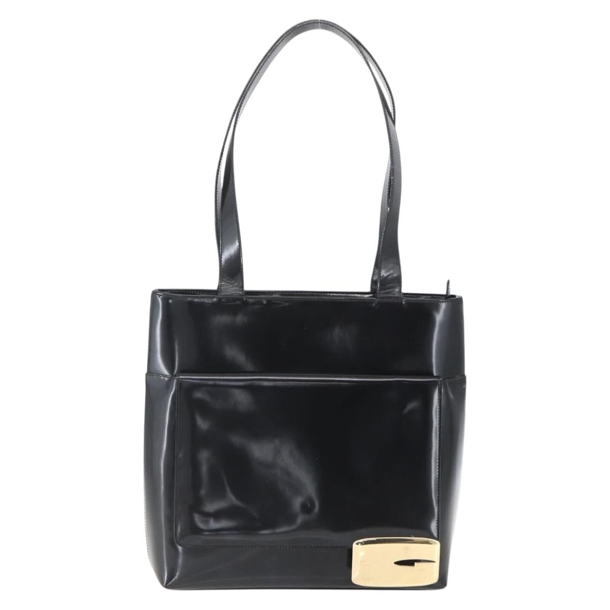 GUCCI Tote Bag Enamel Black Gold Auth 160601
