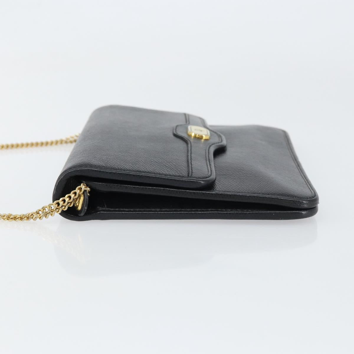 Christian Dior Chain Shoulder Bag Leather Black Gold Auth 160675