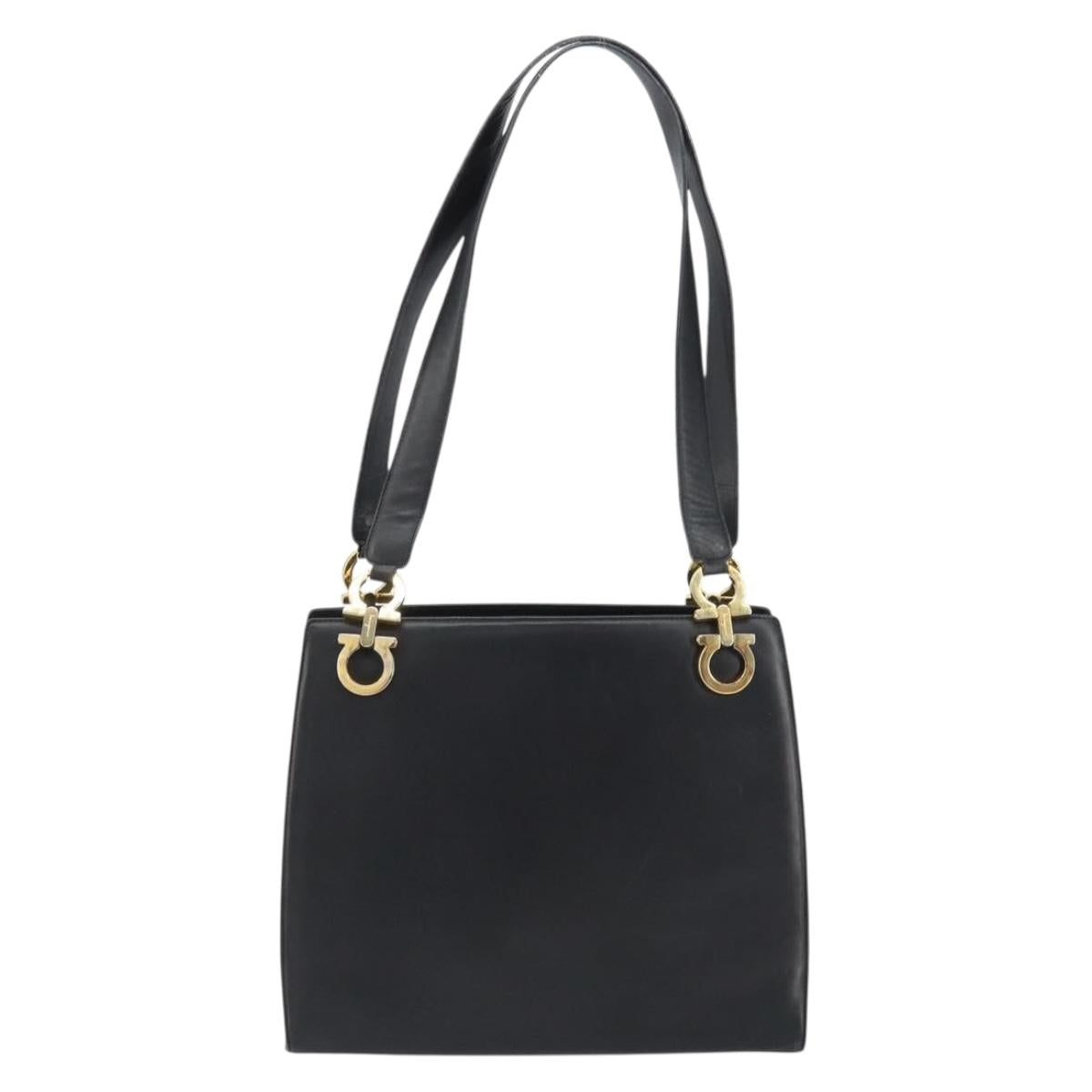 Salvatore Ferragamo Gancini Shoulder Bag Leather Black Gold Auth 160687