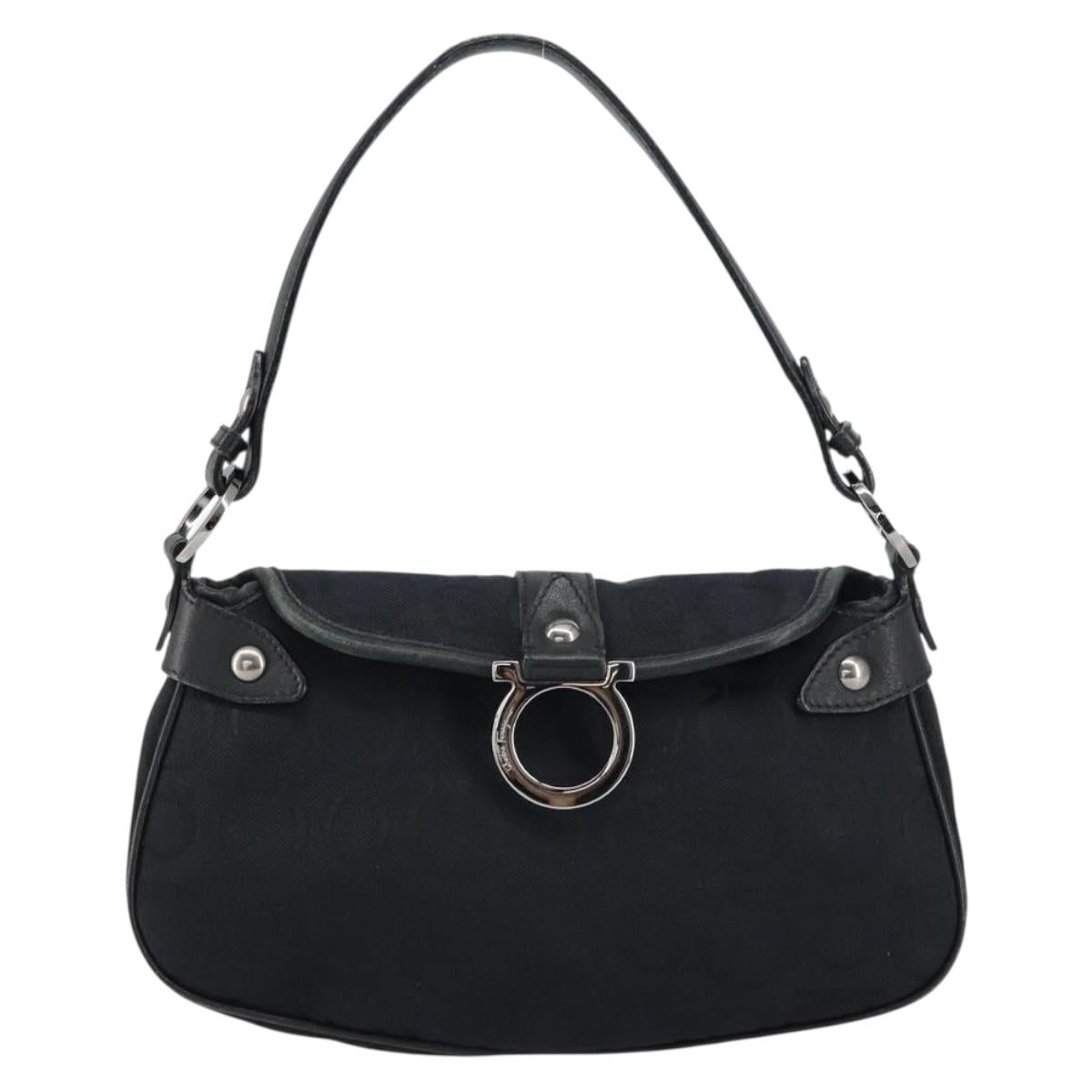 Salvatore Ferragamo Gancini Shoulder Bag Canvas Black Auth 160690A