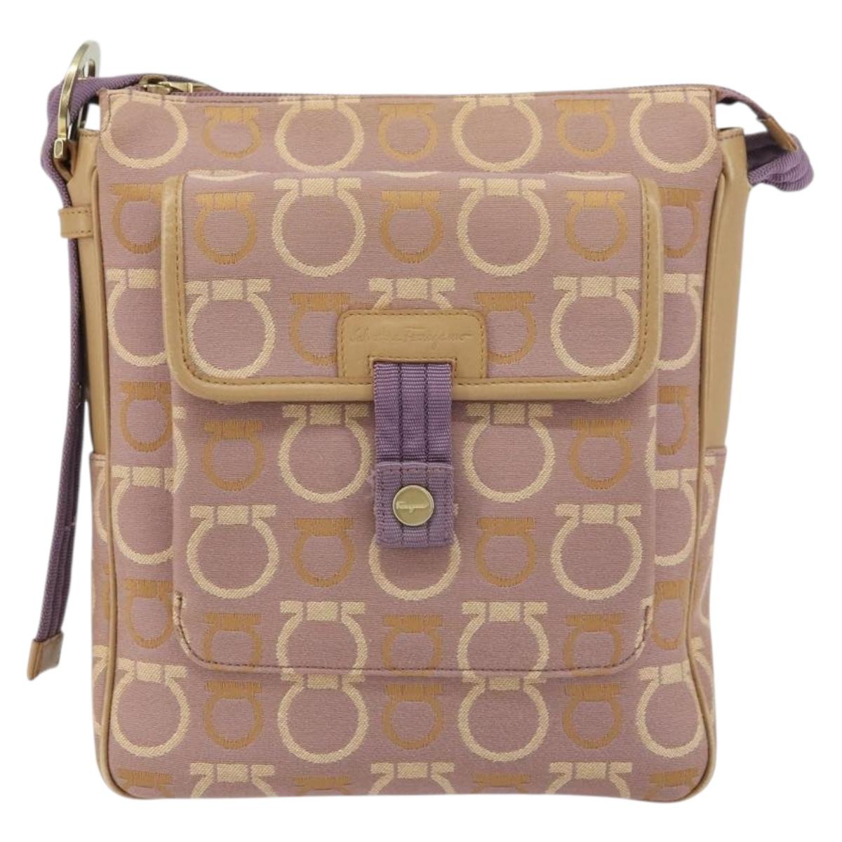 Salvatore Ferragamo Gancini Shoulder Bag Canvas Purple Gold Auth 160696