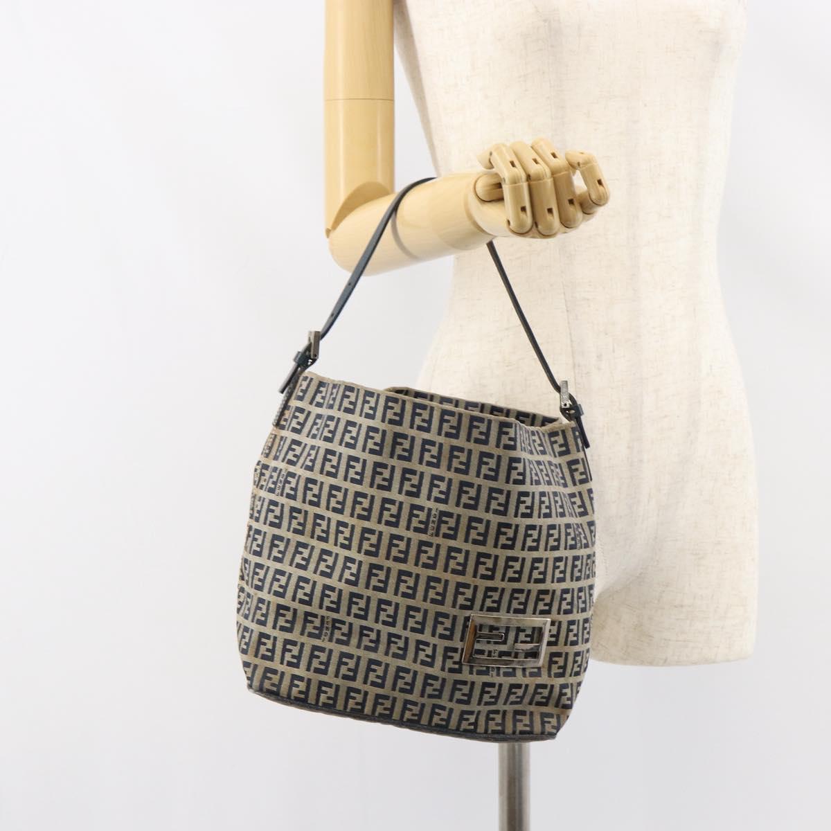FENDI Zucchino Canvas Hand Bag Navy Silver Auth 160707