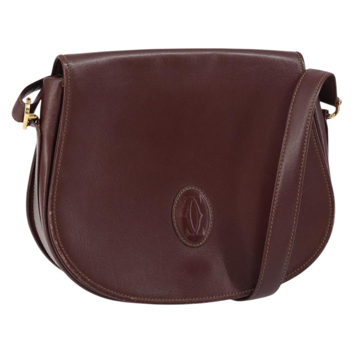 CARTIER Must Line Shoulder Bag Leather Bordeaux Gold Auth 160731
