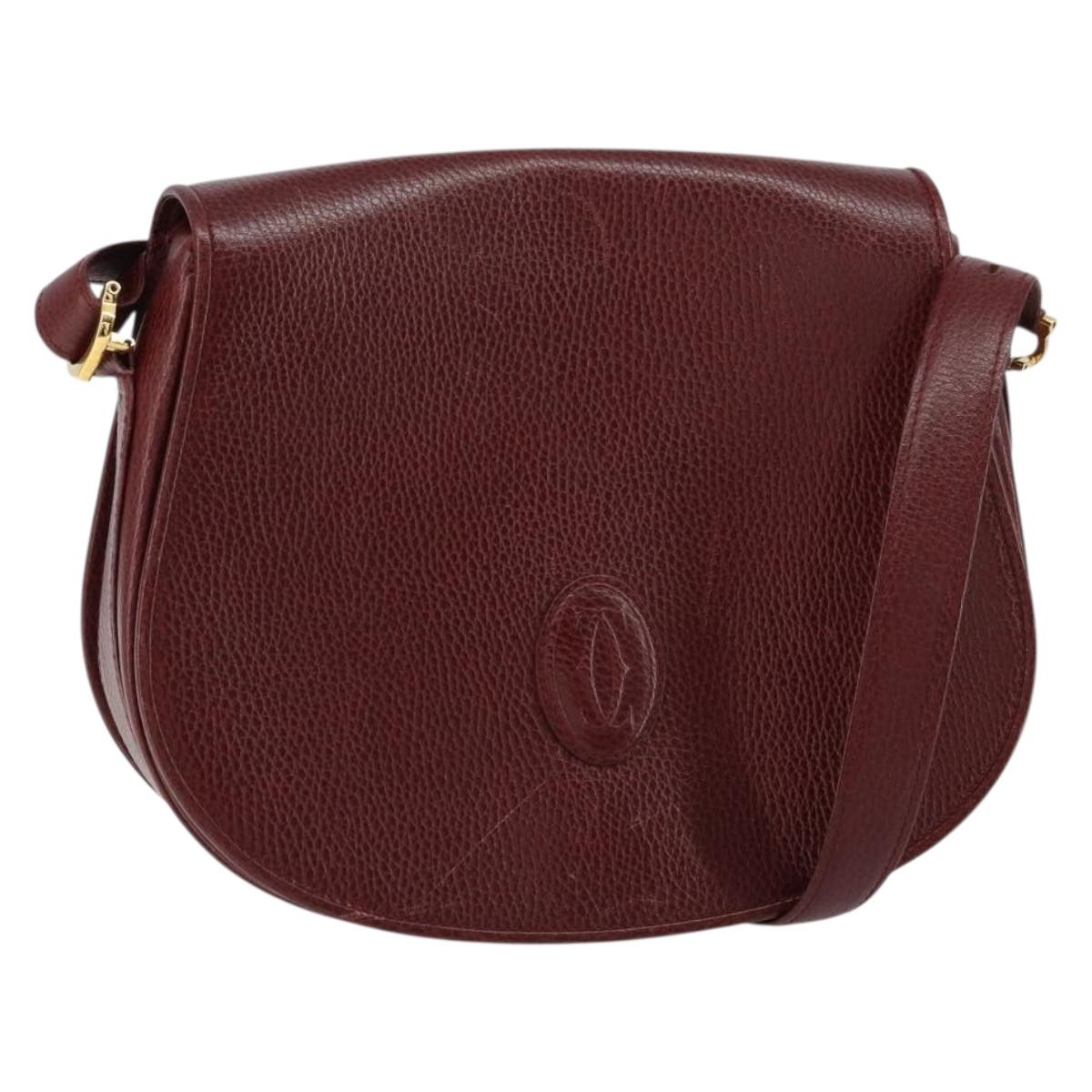 CARTIER Shoulder Bag Leather Bordeaux Gold Auth 160732