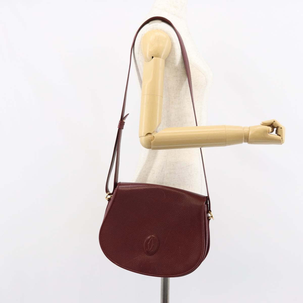 CARTIER Shoulder Bag Leather Bordeaux Gold Auth 160732