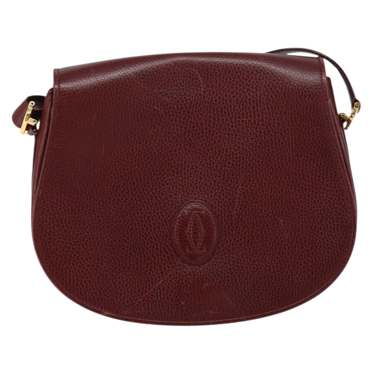 CARTIER Shoulder Bag Leather Bordeaux Gold Auth 160732