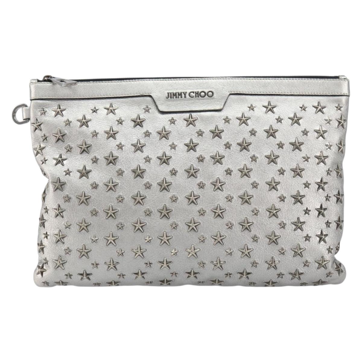 Jimmy Choo Studs Clutch Bag Leather Silver Auth 160738