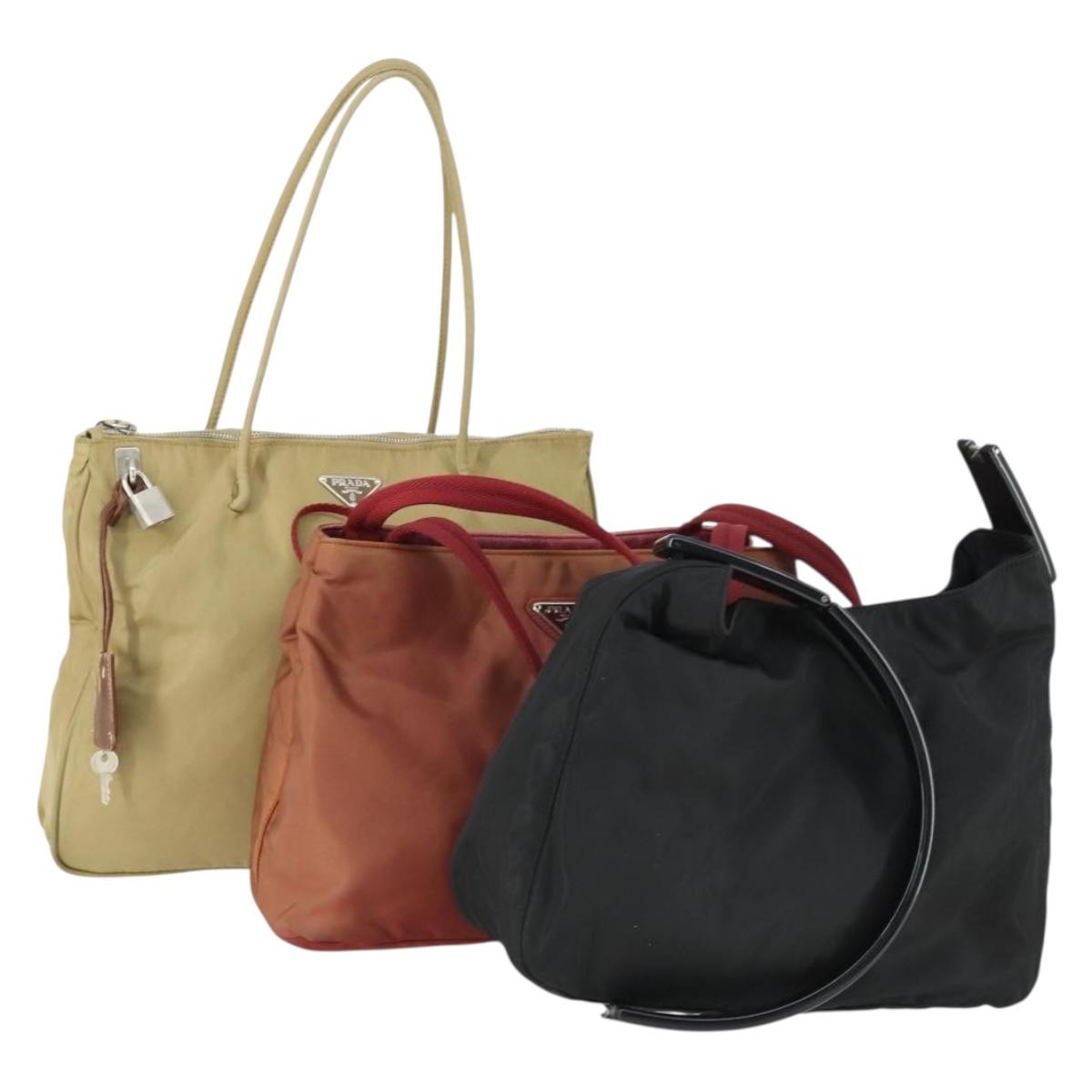 PRADA Bag Nylon 3 Set Black Red beige Auth 160750