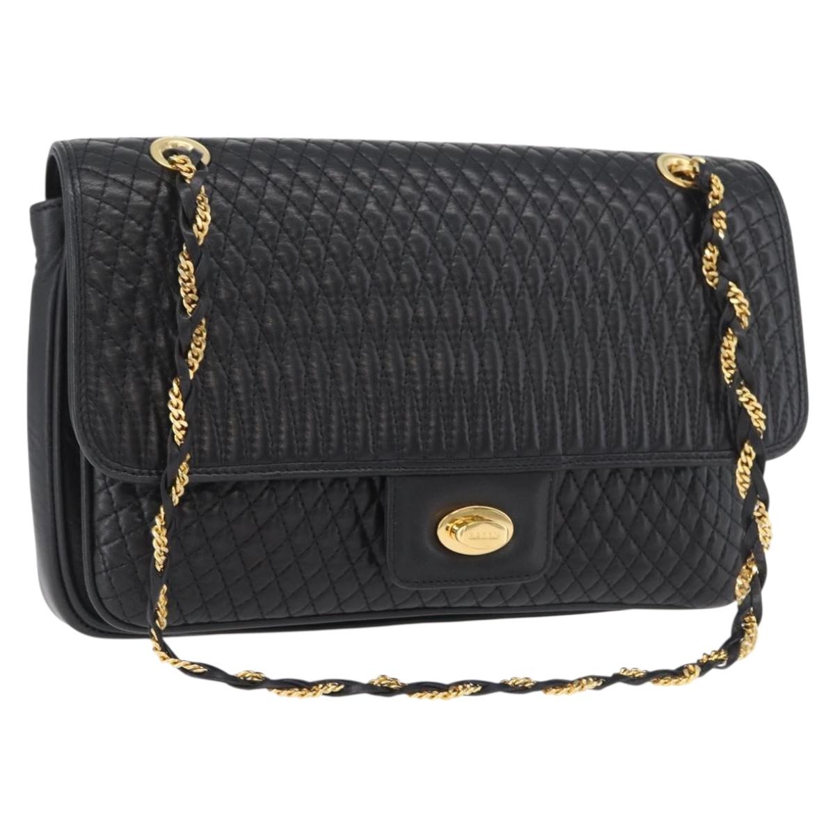 BALLY Quilted Chain Shoulder Bag Leather Black Gold Auth 160783