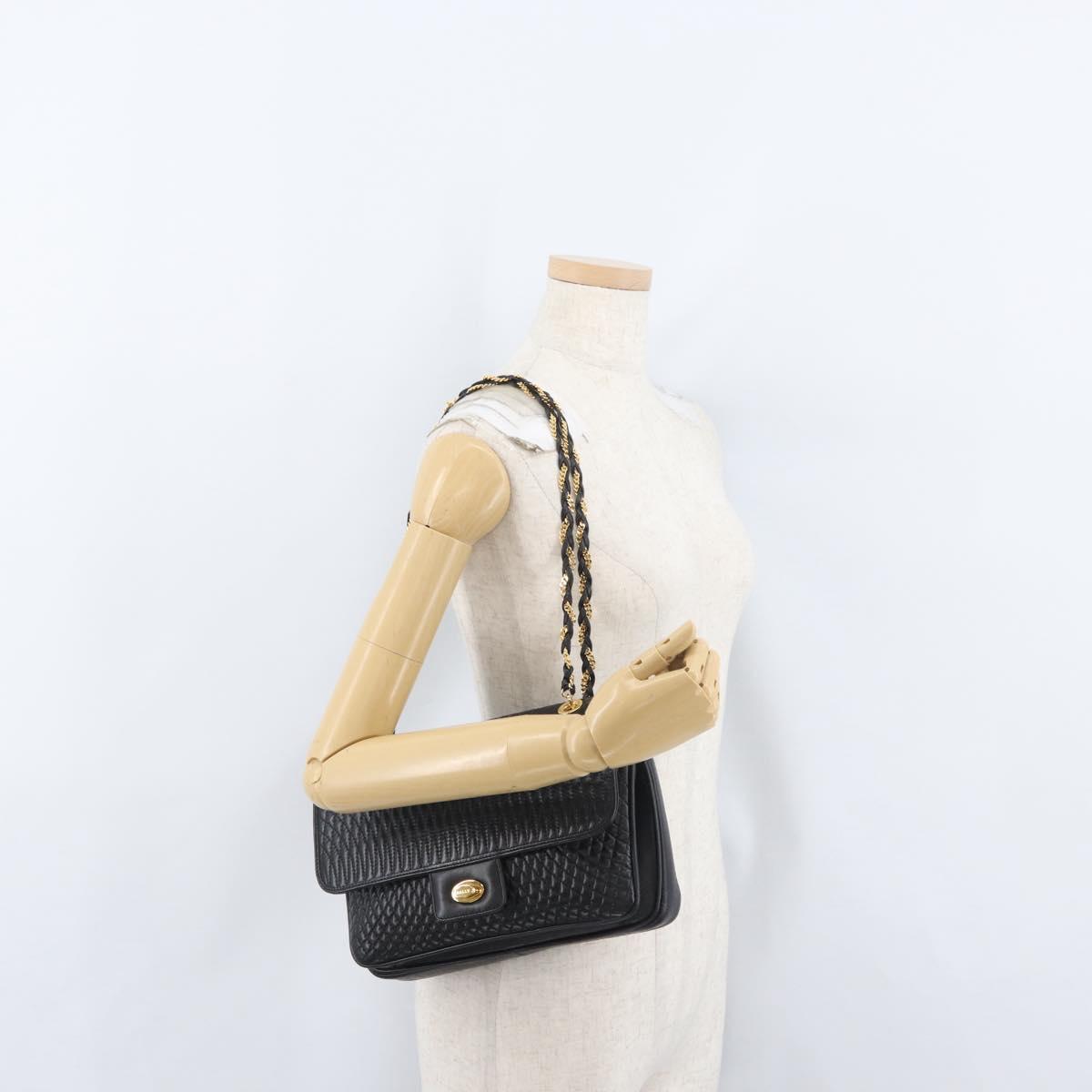 BALLY Quilted Chain Shoulder Bag Leather Black Gold Auth 160783