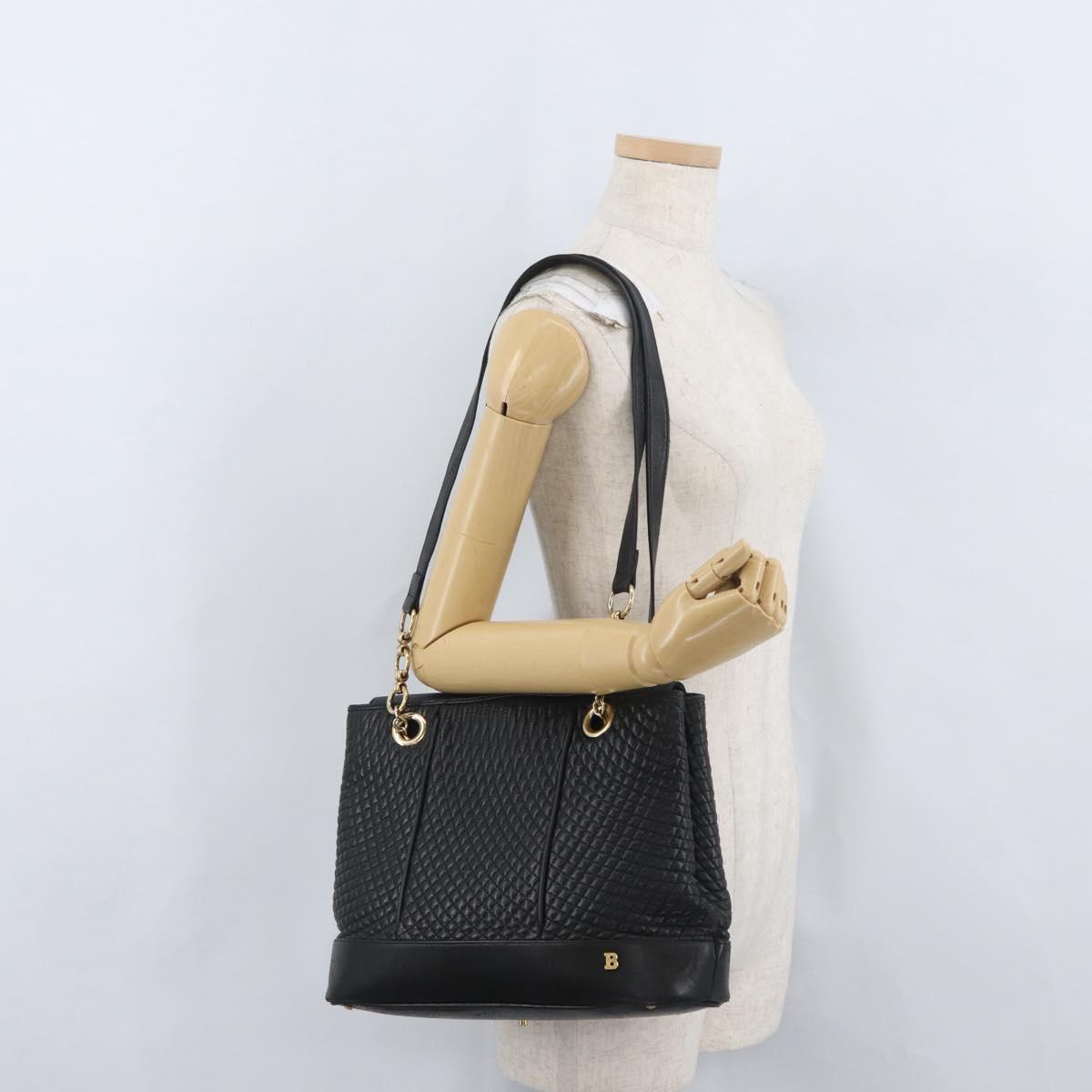 BALLY Quilted Shoulder Bag Leather Black Gold Auth 160784