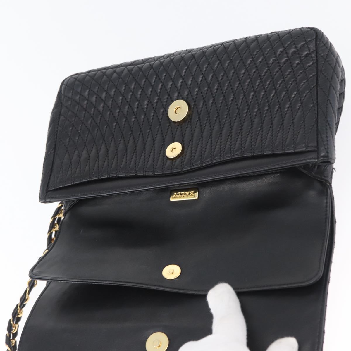 BALLY Quilted Chain Shoulder Bag Leather Black Gold Auth 160785