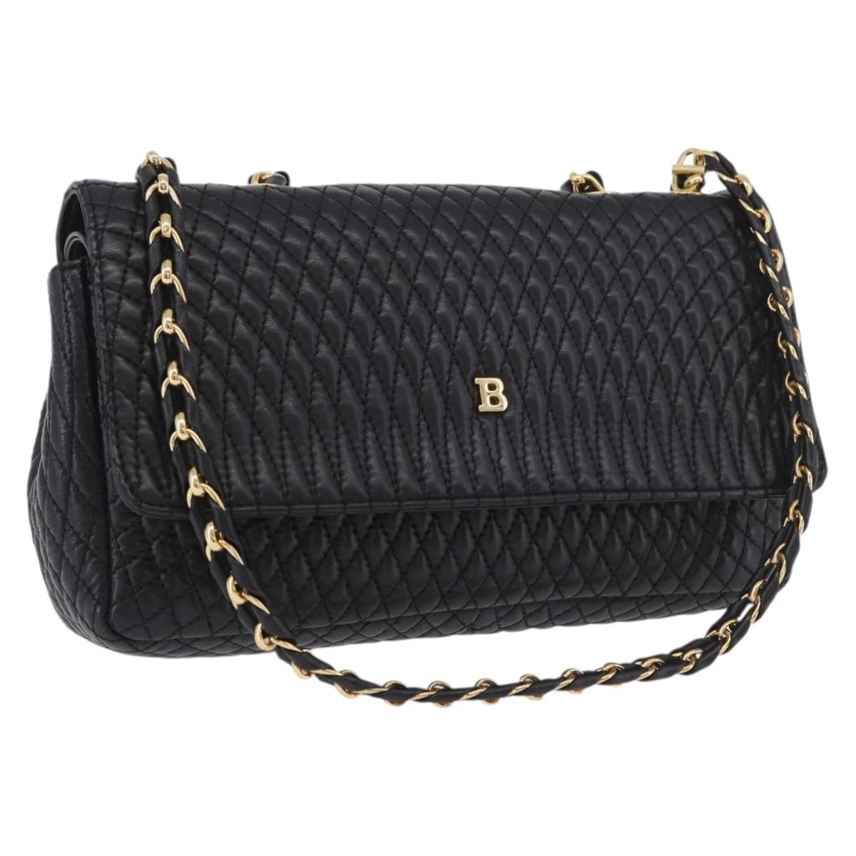 BALLY Quilted Chain Shoulder Bag Leather Black Gold Auth 160785