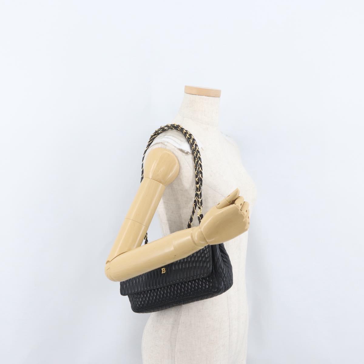 BALLY Quilted Chain Shoulder Bag Leather Black Gold Auth 160785