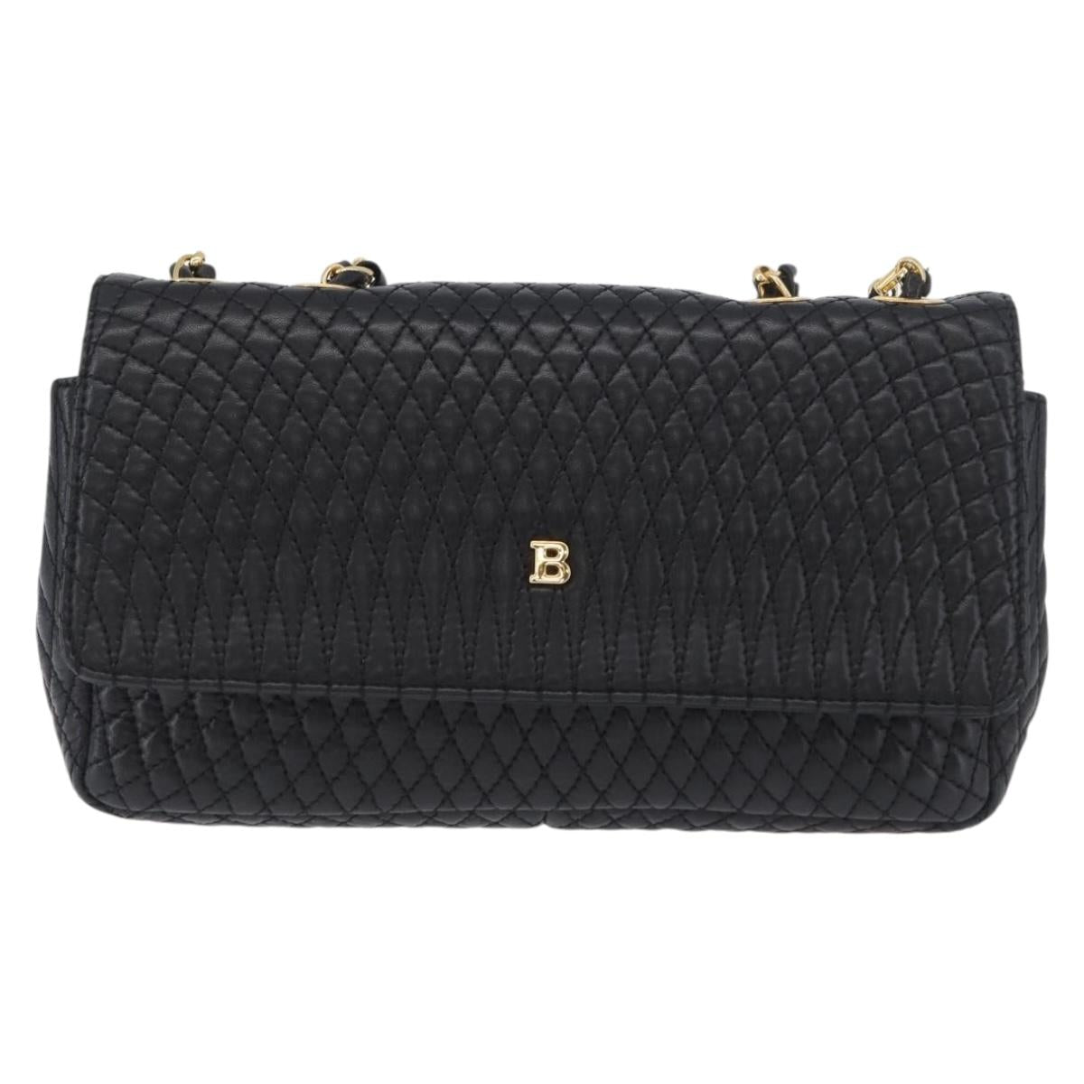 BALLY Quilted Chain Shoulder Bag Leather Black Gold Auth 160785