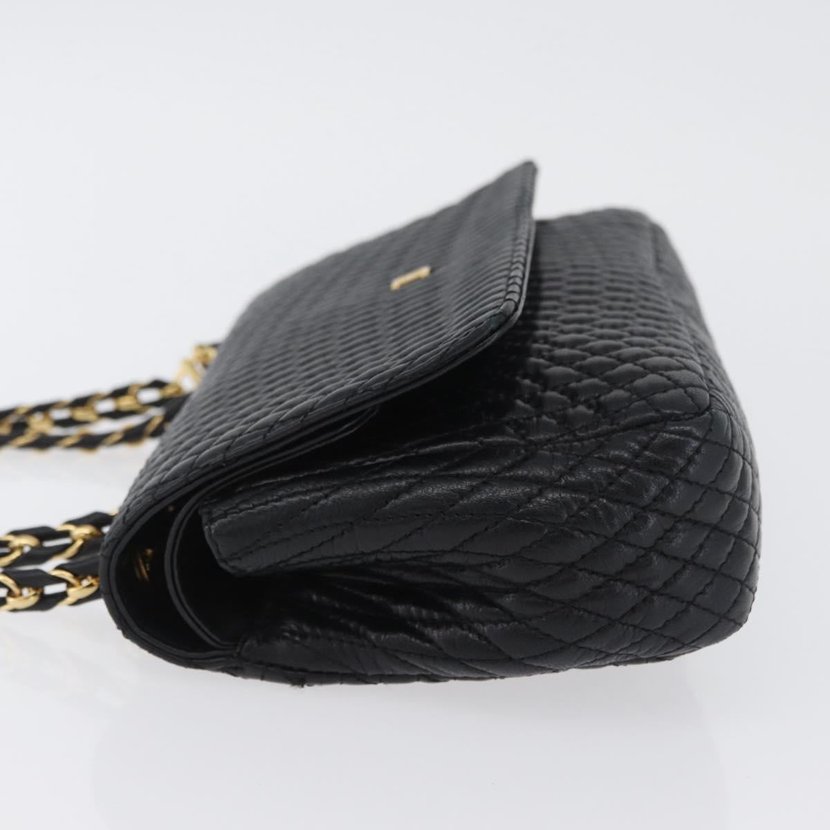 BALLY Quilted Chain Shoulder Bag Leather Black Gold Auth 160785