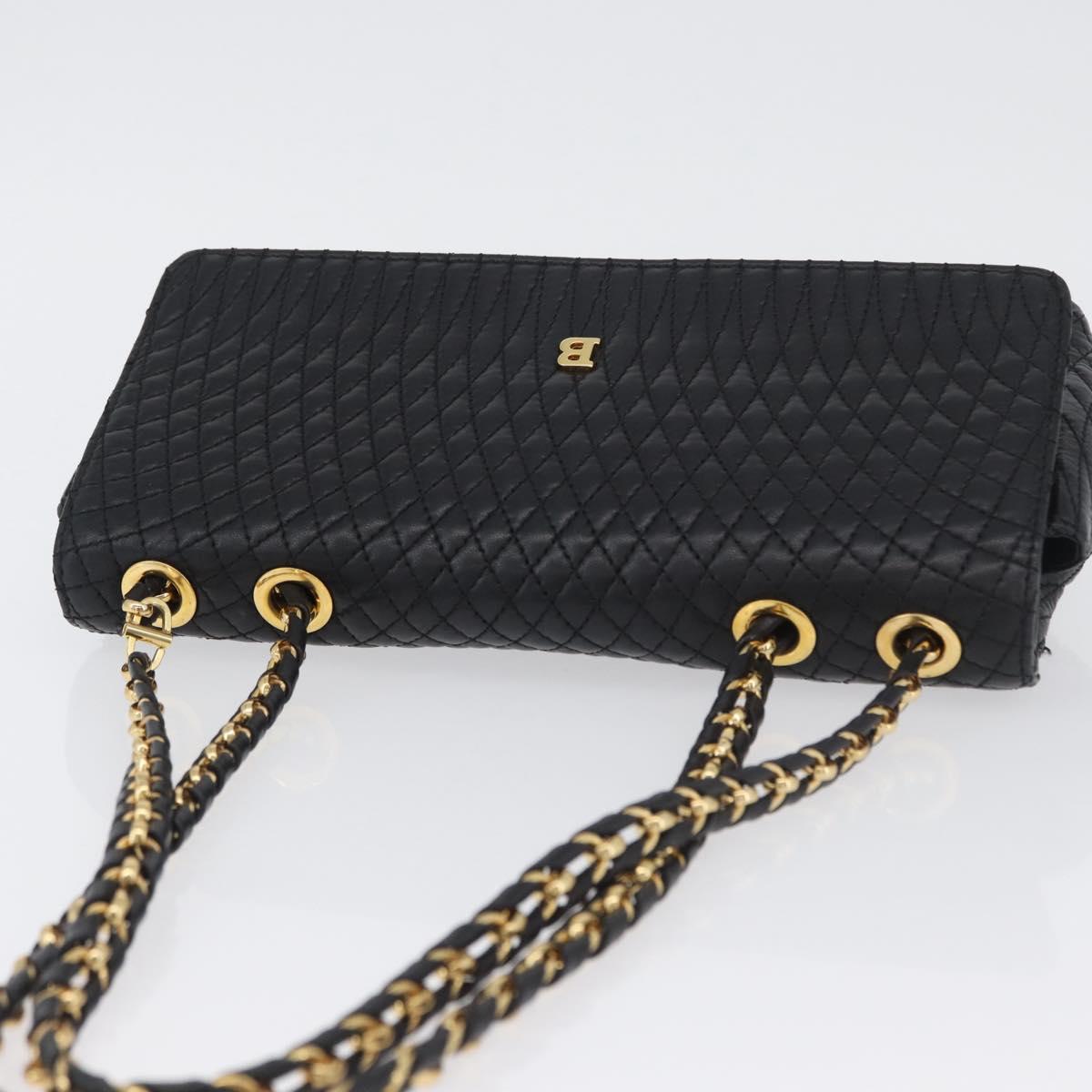 BALLY Quilted Chain Shoulder Bag Leather Black Gold Auth 160785