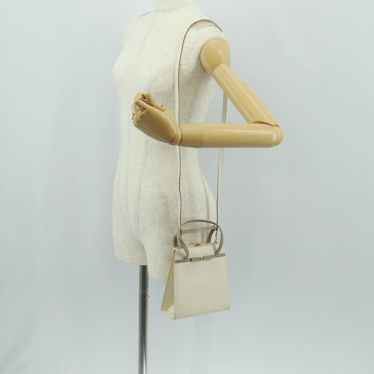 Salvatore Ferragamo Vala Hand Bag Leather 2way White Gold Auth 160802