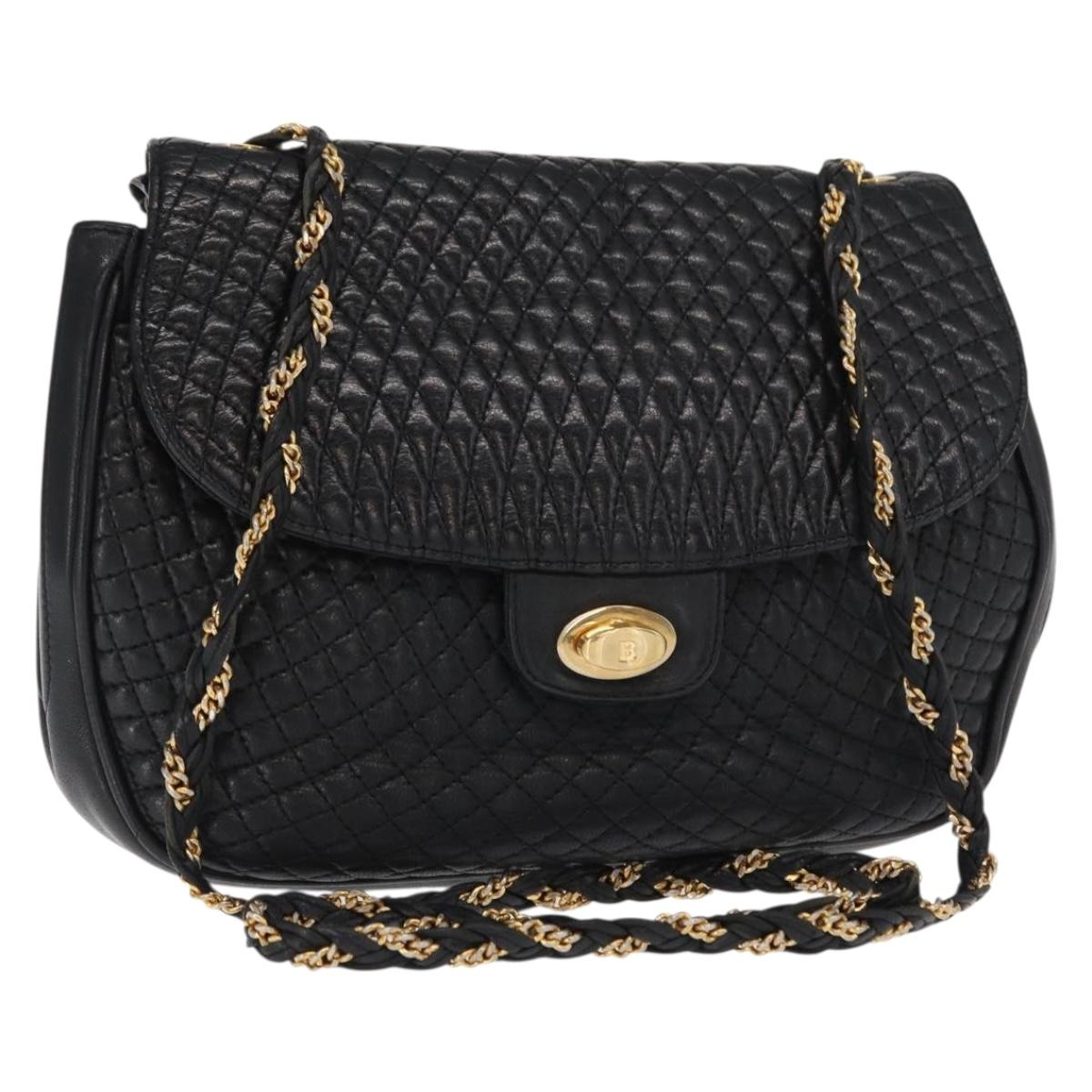 BALLY Chain Shoulder Bag Leather Black Gold Auth 160803