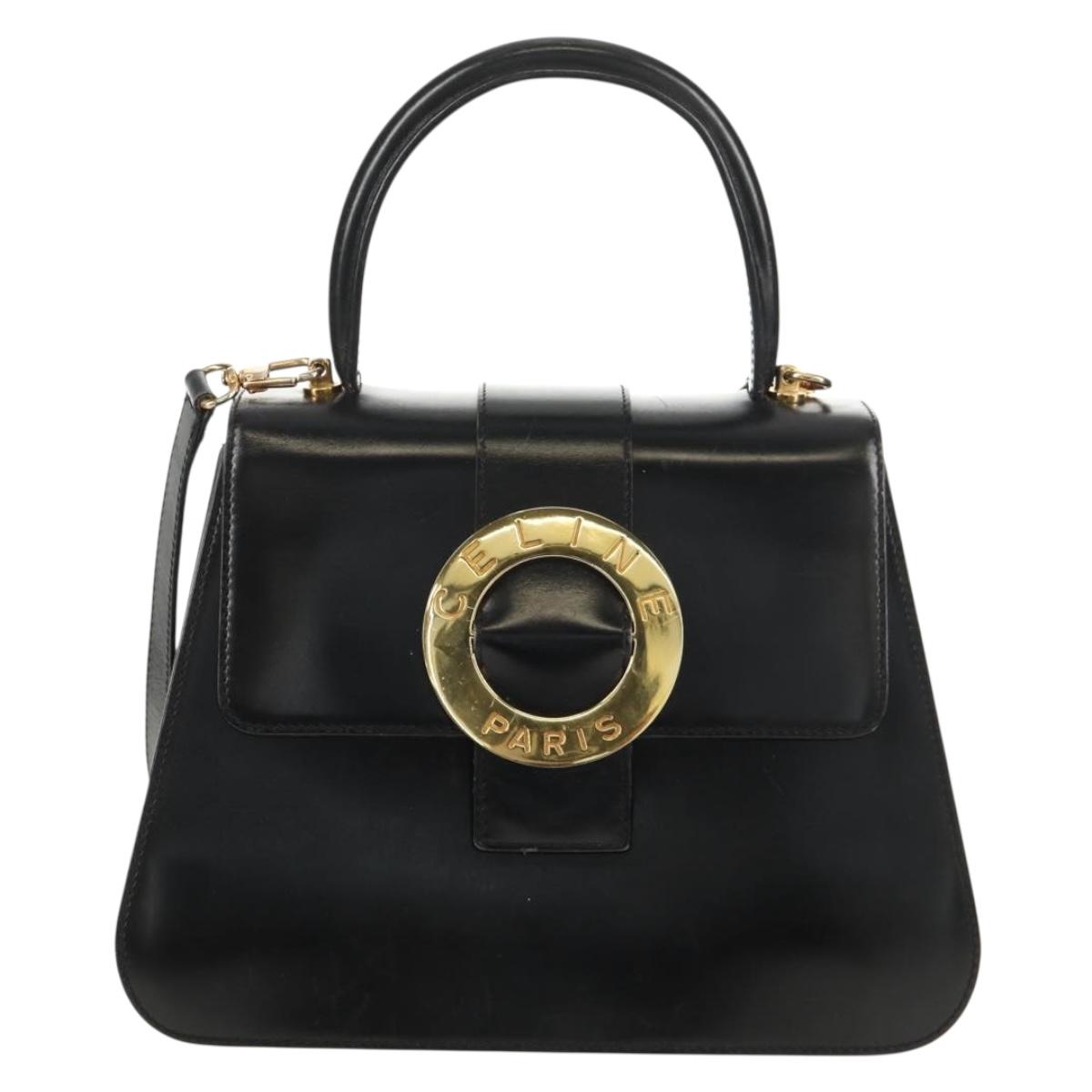 CELINE Circle Hand Bag Leather 2way Black Gold Auth 160805V