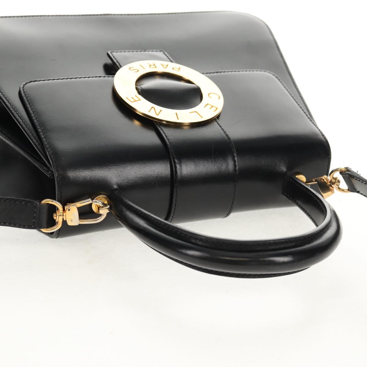 CELINE Circle Hand Bag Leather 2way Black Gold Auth 160805V