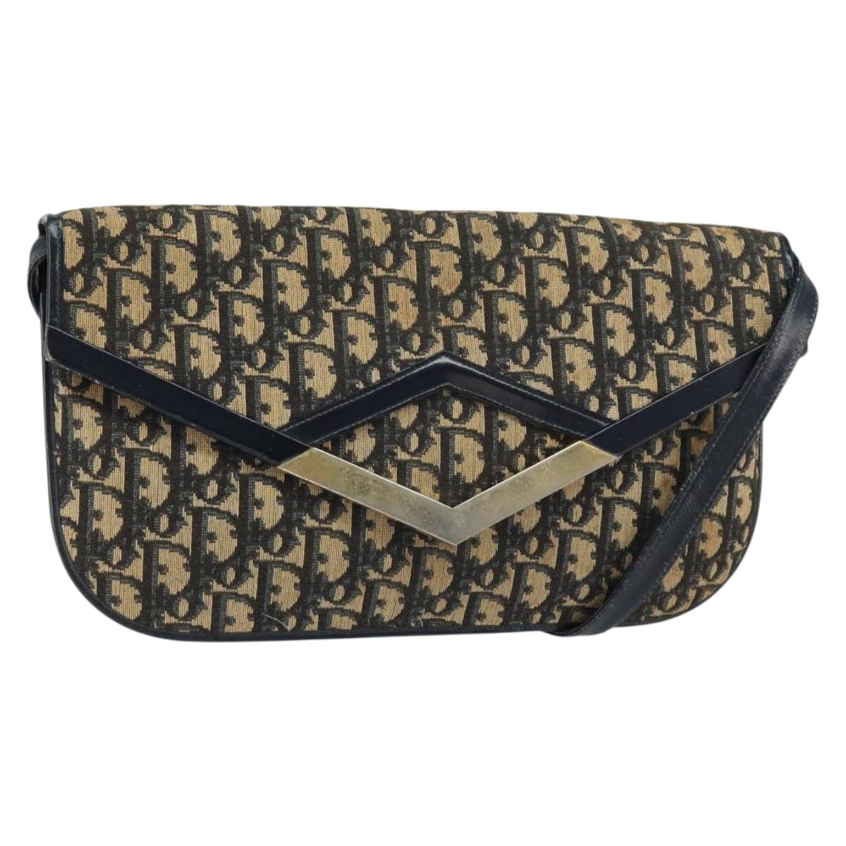 Christian Dior Trotter Canvas Shoulder Bag Navy Gold Auth 160820