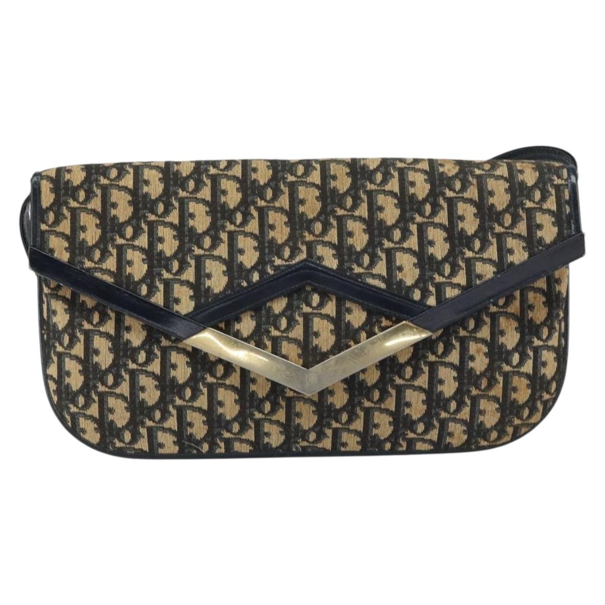 Christian Dior Trotter Canvas Shoulder Bag Navy Gold Auth 160820