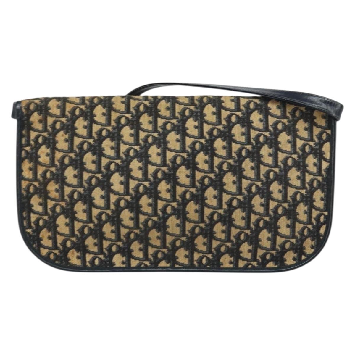 Christian Dior Trotter Canvas Shoulder Bag Navy Gold Auth 160820