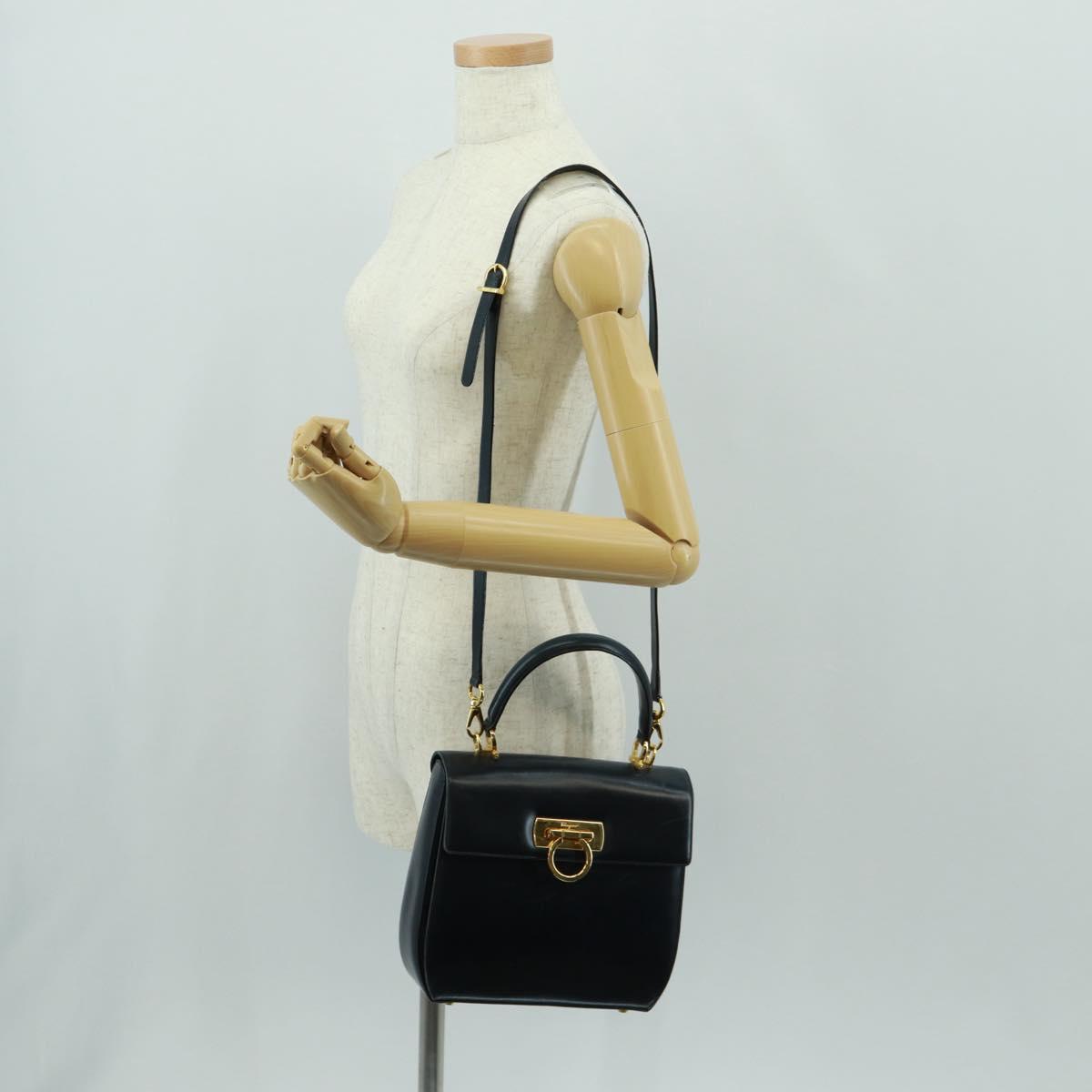 Salvatore Ferragamo Gancini Hand Bag Leather 2way Black Gold Auth 160846