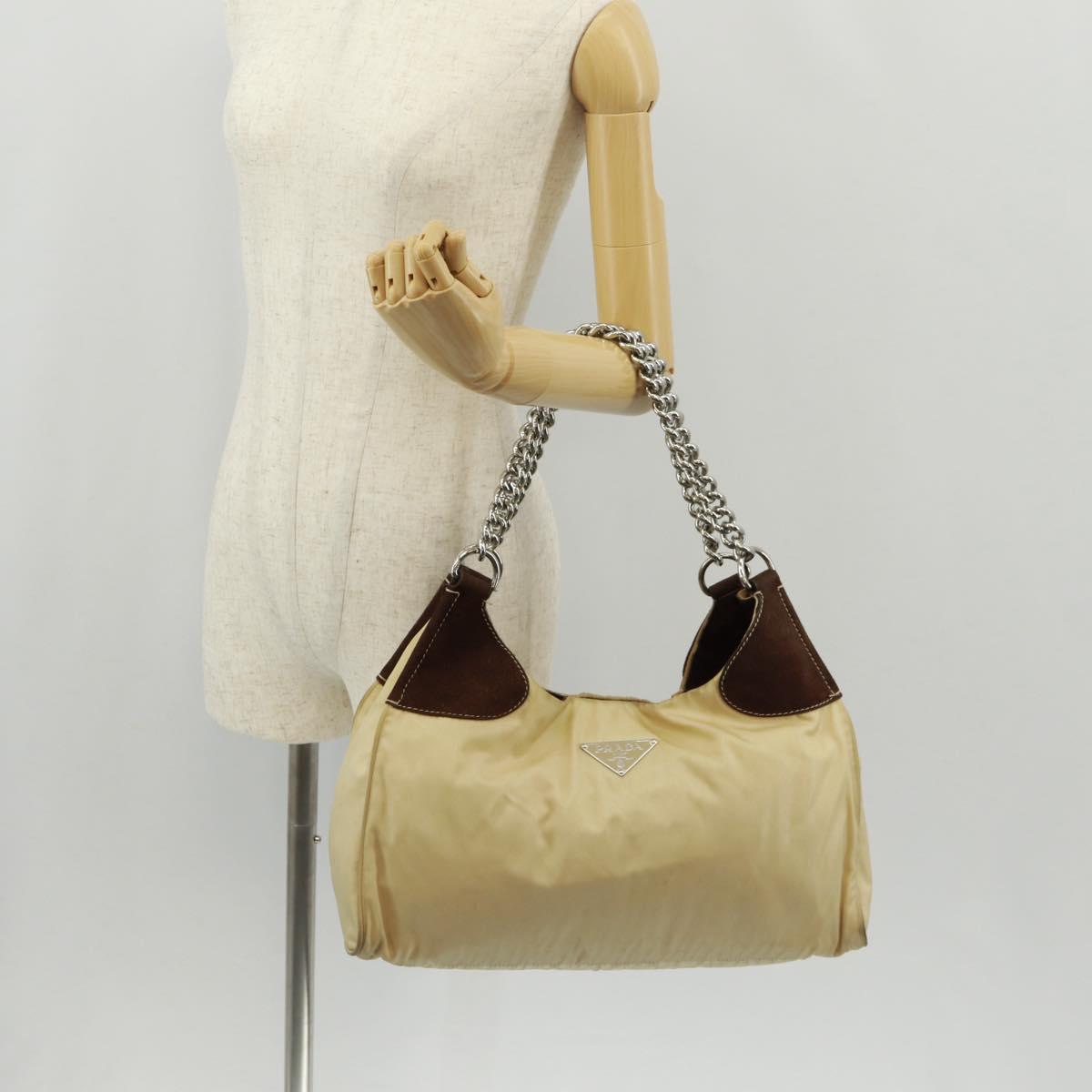 PRADA Chain Shoulder Bag Nylon Beige Silver Auth 160872
