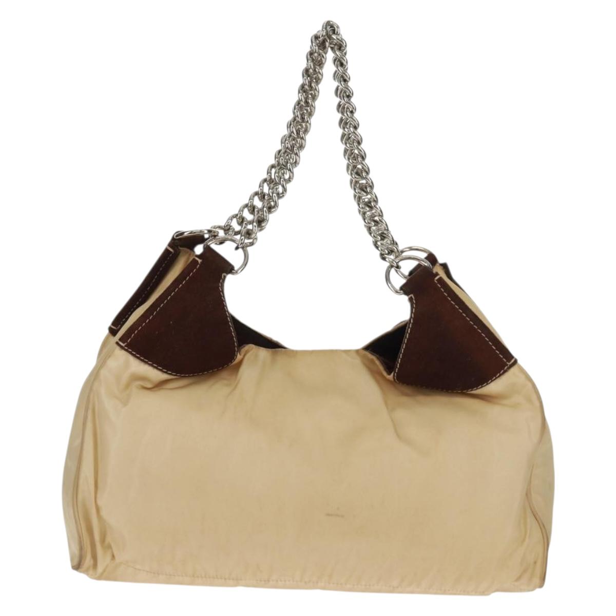 PRADA Chain Shoulder Bag Nylon Beige Silver Auth 160872