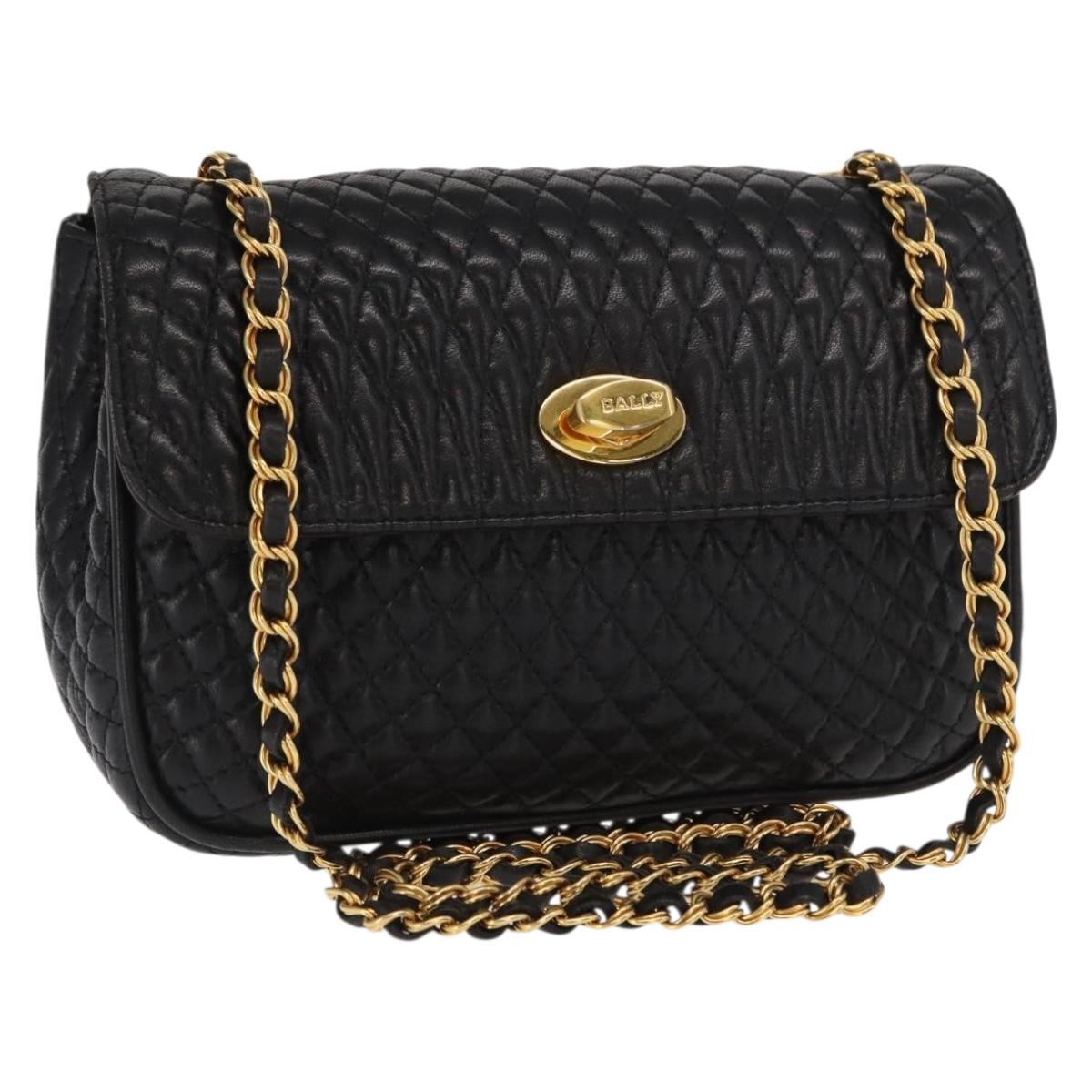 BALLY Chain Shoulder Bag Leather Black Gold Auth 160874