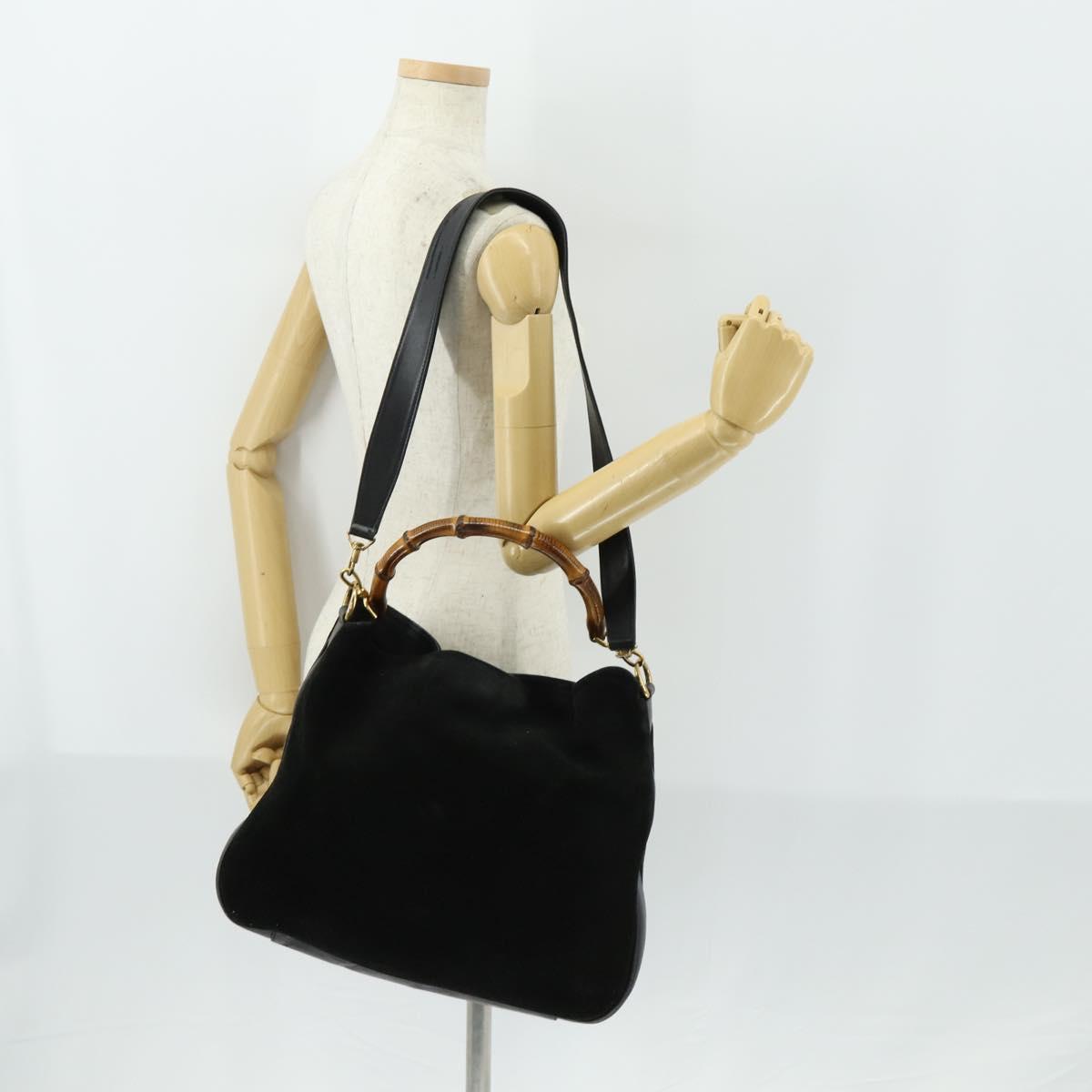 GUCCI Bamboo Shoulder Bag Suede 2way Black Gold 001 2404 1577 Auth 160875