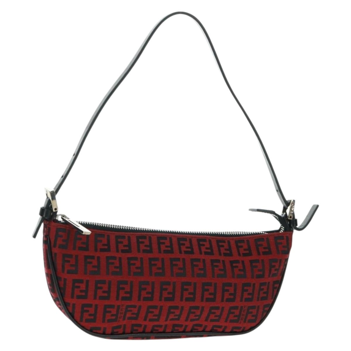 FENDI Zucchino Canvas Shoulder Bag Red Silver Auth 160964V