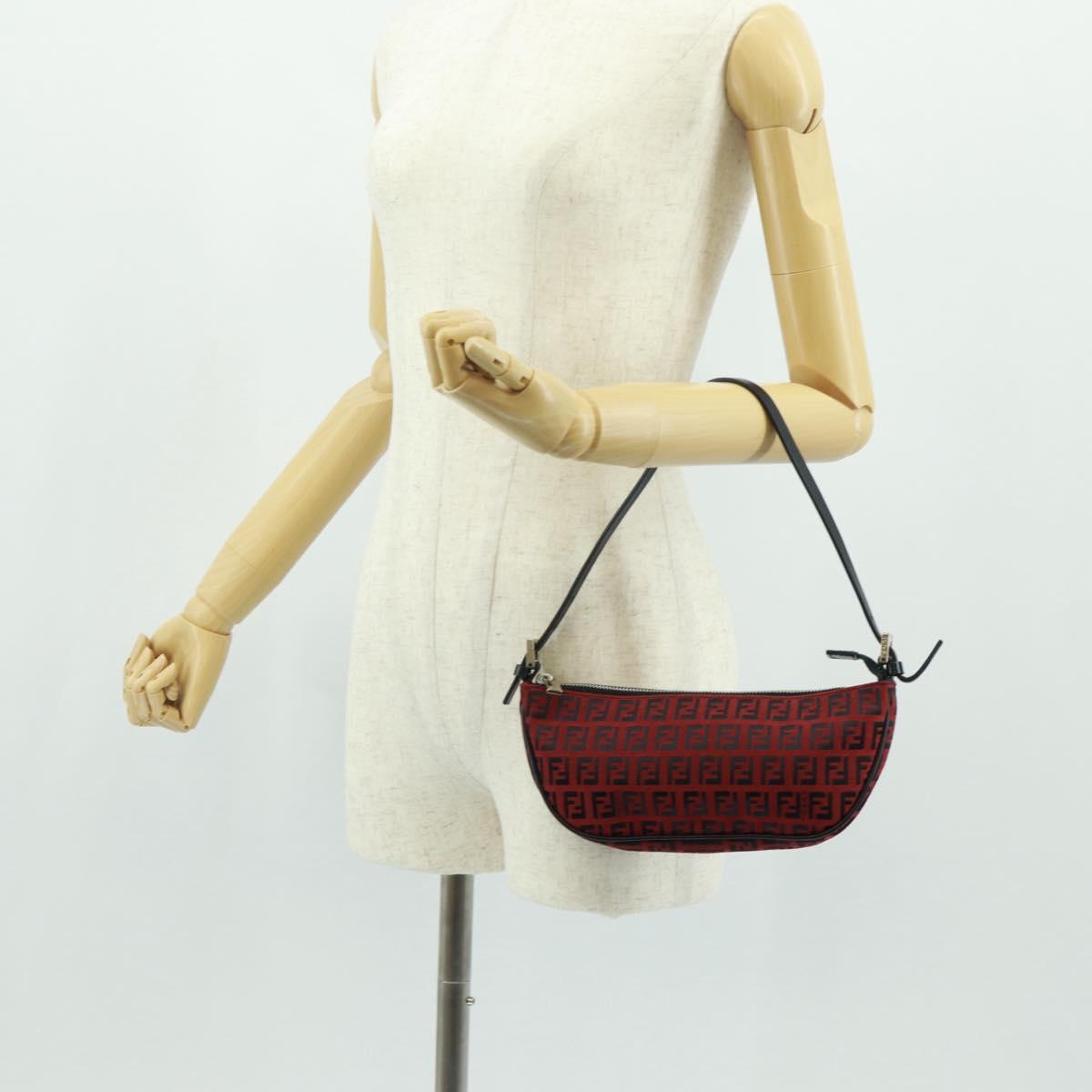 FENDI Zucchino Canvas Shoulder Bag Red Silver Auth 160964V