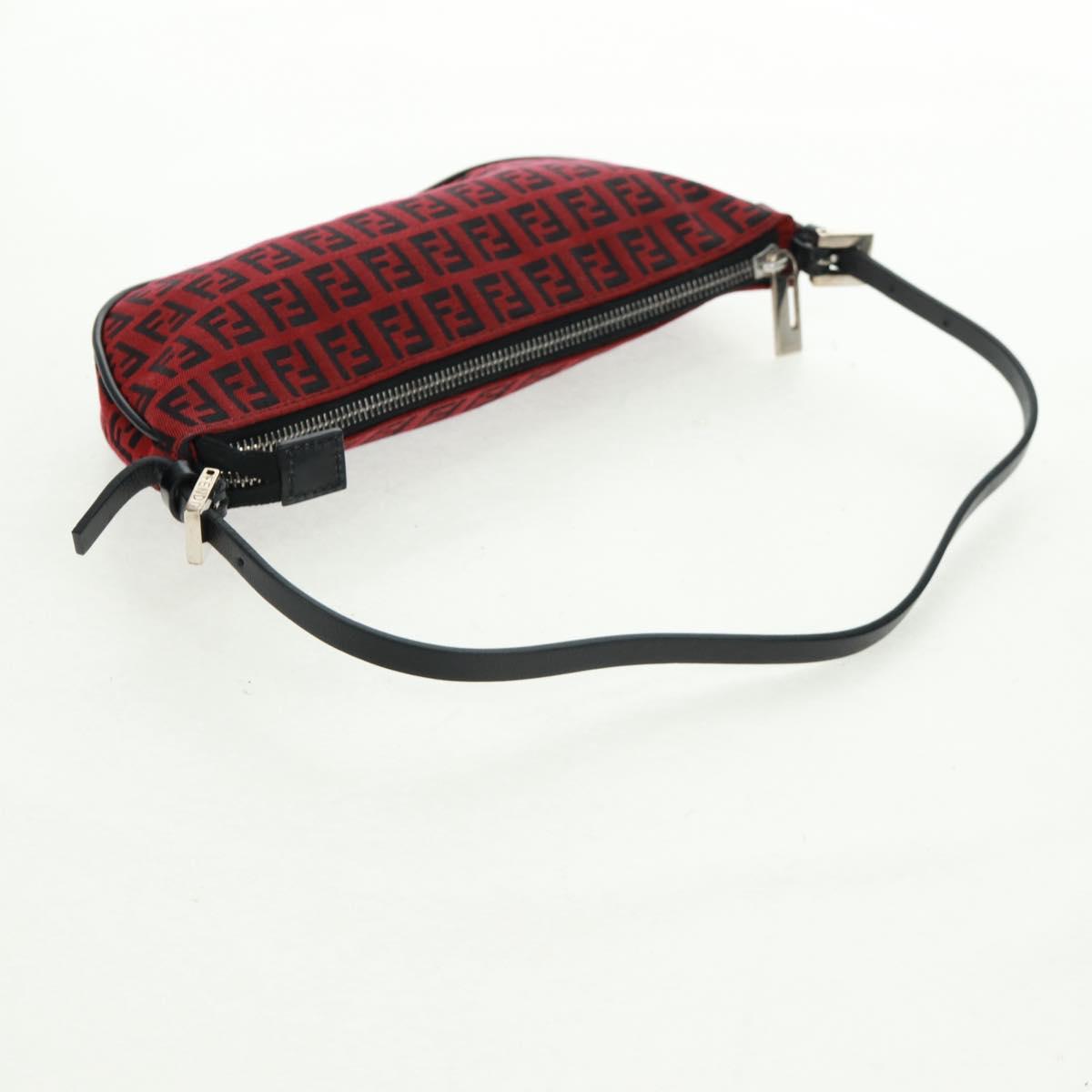 FENDI Zucchino Canvas Shoulder Bag Red Silver Auth 160964V