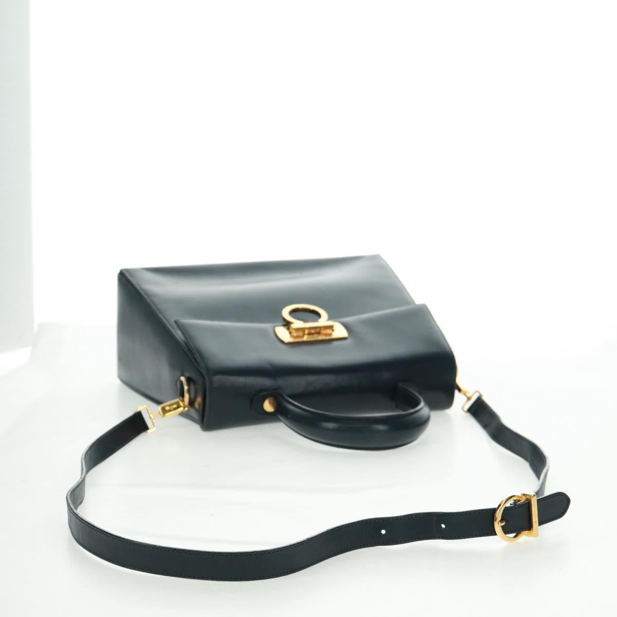Salvatore Ferragamo Gancini Hand Bag Leather 2way Navy Gold Auth 160979