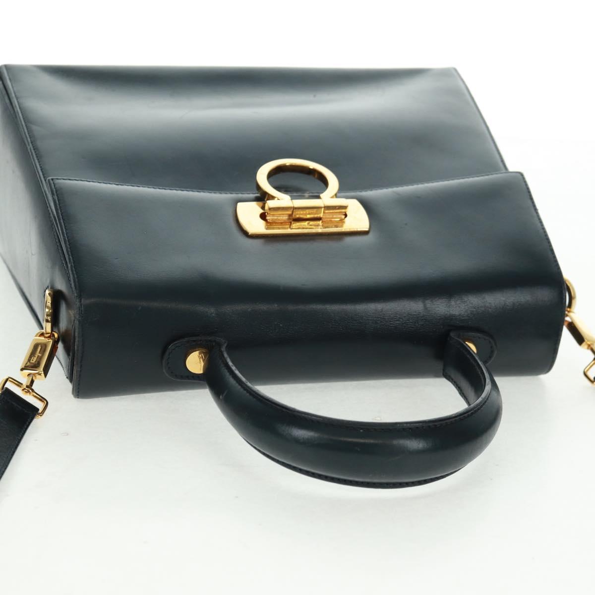 Salvatore Ferragamo Gancini Hand Bag Leather 2way Navy Gold Auth 160979