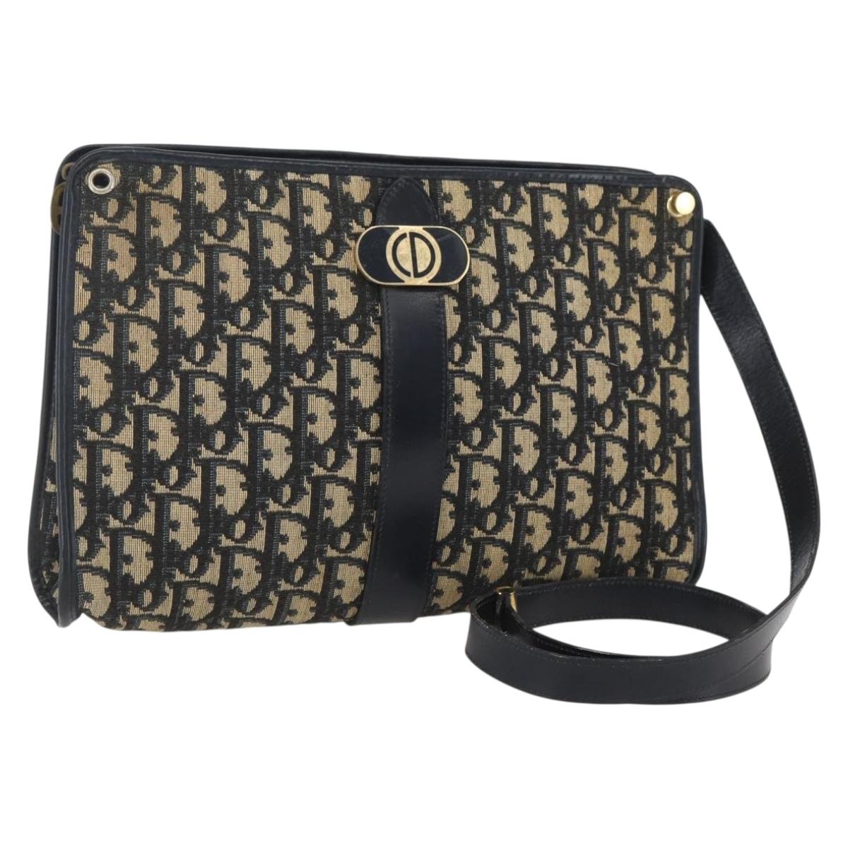 Christian Dior Trotter Canvas Shoulder Bag Navy Gold Auth 160990