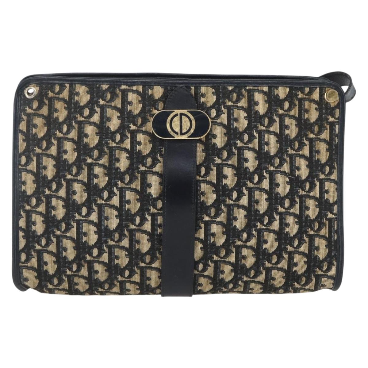Christian Dior Trotter Canvas Shoulder Bag Navy Gold Auth 160990